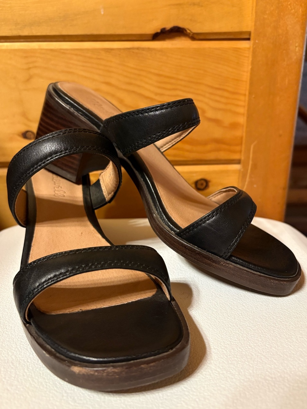 Madewell Black Two-Strap Block Heel Leather Sandals - 6.5